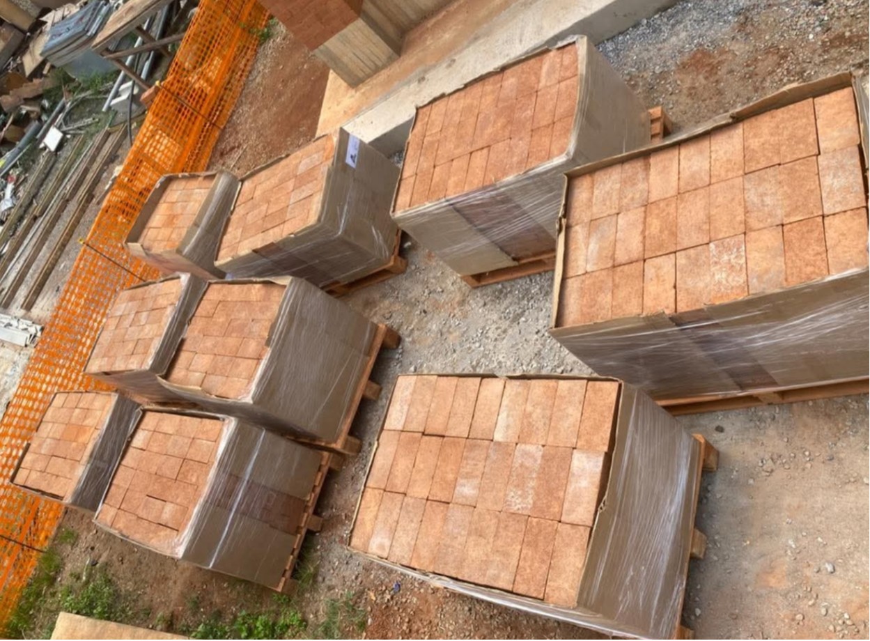 Earth block wall under construction