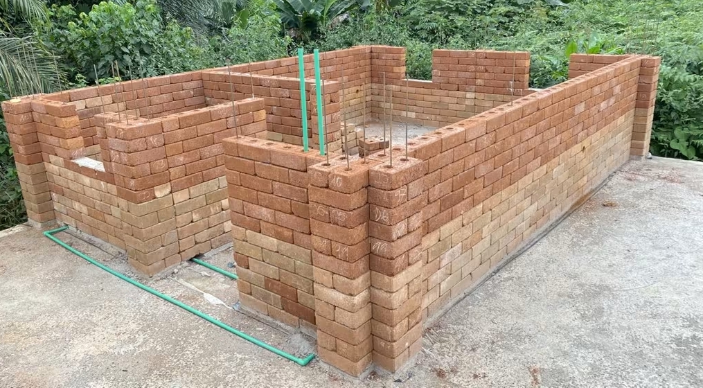 Earth block wall under construction